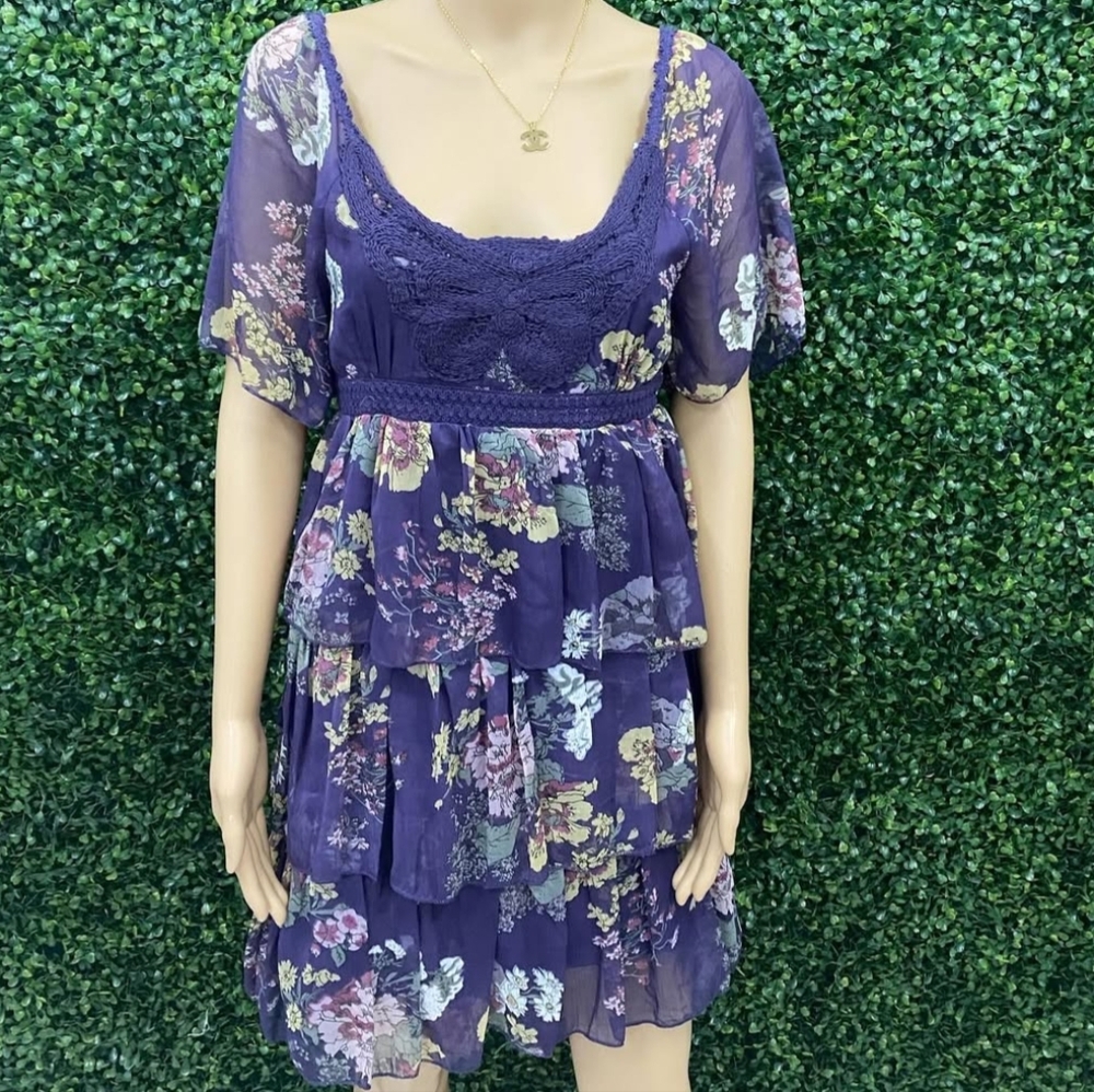 The Pyramid Collection Crochet Butterfly Purple Floral Tiered Mesh Mini Dress 1X
